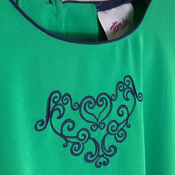 Vintage 80-90s TanJay Green Navy Heart Embroidered Short Sleeve Silky Top Sz 8 - Picture 10 of 12